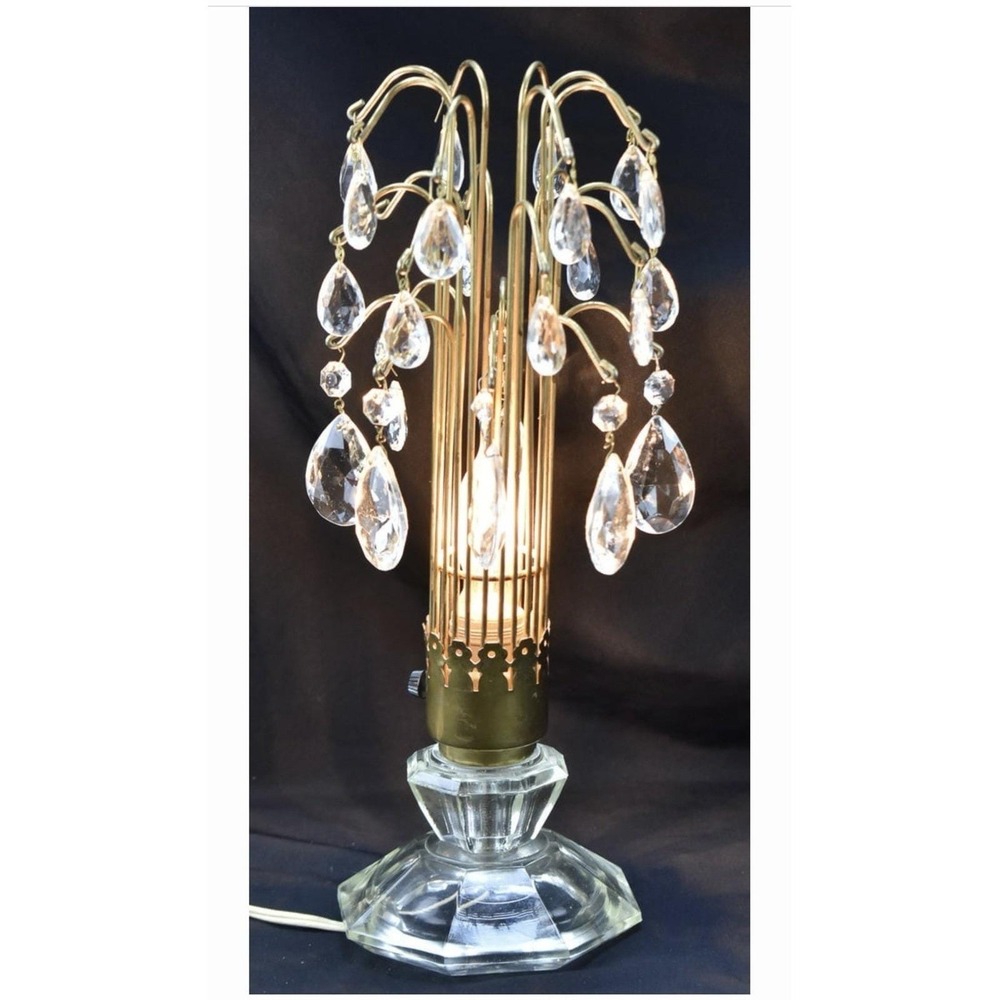 Waterfall Table Desk Lamp 1930s Intricate Brass Trim Crystals Glass Base Regency